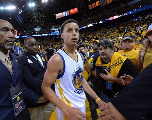 May 19, 2015 - Oakland, CA, USA - The Golden State Warriors Stephen Curry leaves the court following a 110-106 win against the Houston Rockets in Game 1 of the Western Conference finals at Oracle Arena in Oakland, Calif., on Tuesday, May 19, 2015. Houston at Golden State, Game 1 - ZUMAm67_