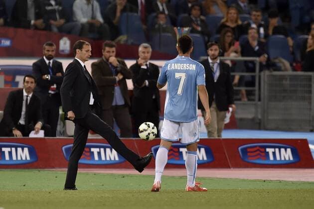 20.05.2015. Rome, Italy. TIM Coppa Italia Final. Lazio versus Juventus. Juventus manager Massimiliano Allegri kicks the ball back into play during the match xGiuseppexMaffiax  ActionPlus11622391