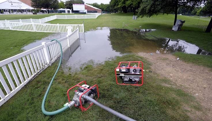 May 21, 2015 - Fort Worth, TX, USA - Rain puddles sit near the practice green during the rain delay at the first round at the Crowne Plaza Invitational at Colonial on May 21, 2015 in Fort Worth, Texas. Crowne Plaza Invitational golf - ZUMAm67_