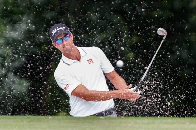 21 MAY 2015: Defending champion Adam Scott blasts out of the green side bunker on 8 during the first round of the Crowne Plaza Invitational at Colonial. GOLF: MAY 21 PGA Golf Herren - Crowne Plaza Invitational at Colonial - First Round Icon1505214681 EDITORIAL USE ONLY