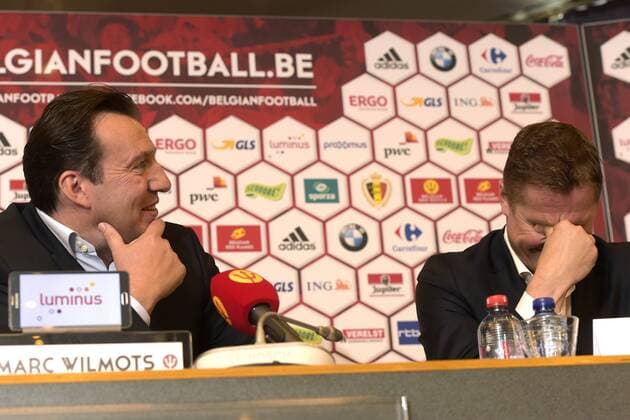 Wilmots Marc ( Coach - Entraineur Belge ) - Borkelmans Vital ( Adjoint ) FOOTBALL : Conference De Presse Marc Wilmots - Bruxelles - 22 05 2015 PhotoNews Panoramic 