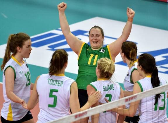 (150522) -- TIANJIN, May 22, 2015 -- Walter Rebecca of Australia celebrate during a Group B match against Kazakhstan at the 2015 Asian Women s Volleyball Championship in Tianjin, north China, May 22, 2015. ) (SP)CHINA-TIANJIN-VOLLEYBALL-ASIAN WOMEN S VOLLEYBALL CHAMPIONSHIP(CN) ZhangxChenlin 