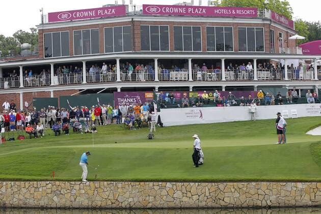 May 22, 2015 - Fort Worth, TX, USA - Michael Thompson hits from the edge of the retaining wall onto the 18th green on the second day of the Crowne Plaza Invitational at Colonial Country Club, Friday, May 22, 2015 in Fort Worth, Texas. Day 2 of Crowne Plaza - ZUMAm67_