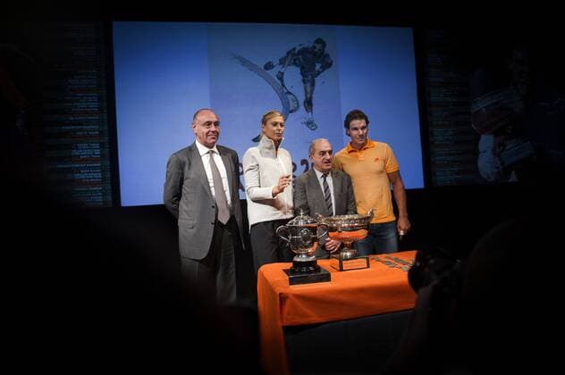 (150523) -- PARIS, May 22, 2015 -- Russian tennis player Maria Sharapova (2nd L) and Spanish tennis player Rafael Nadal (1st R) attend the draw for the 2015 French Open tennis tournament in Paris, France, on May 22, 2015. ) (SP)FRANCE-PARIS-TENNIS-FRENCH OPEN-DRAW ChenxXiaowei 