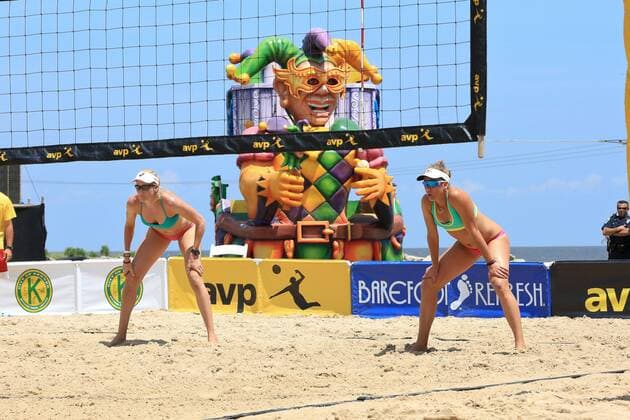 May 23, 2015: Kerri Walsh Jennings and April Ross wait for the serve during the season opener of AVP Beach volleyball Beachvolleyball along Lake Pontchartrain in New Orleans Louisiana Beach Volleyball 2015: AVP New Orleans MAY 23 - ZUMAc04_