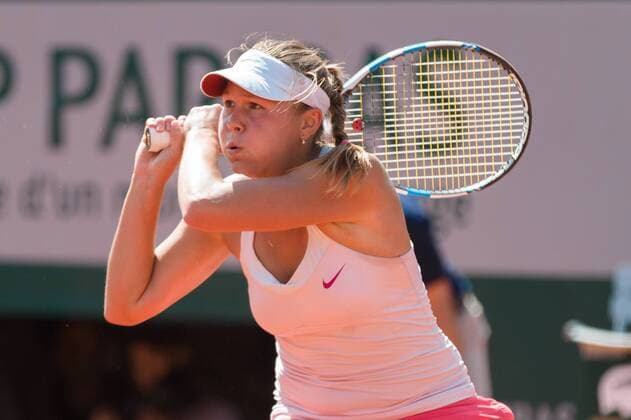 May 24, 2015: Evgeniya Rodina of Russia in action in a 1st round match against Simona Halep of Romania on day one of the 2015 French Open tennis tournament at Roland Garros in Paris, France. Halep won 75 64. Sydney Low Cal Media. Tennis 2015: French Open MAY 24 - ZUMAc04_