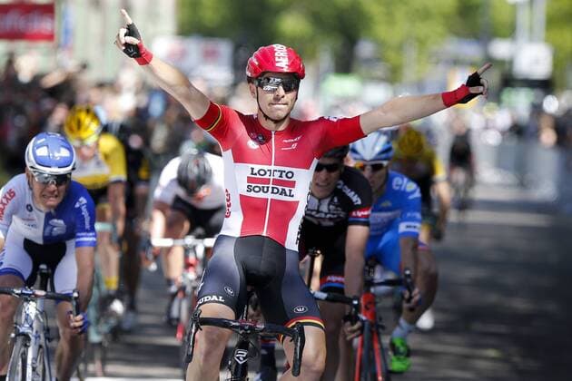 - ROTTERDAM, NETHERLANDS: Belgian Kris Boeckmans of Lotto - Soudal celebrates as he wins the second and last stage of the fourth edition of the World Ports Cycling Classic, 164 km from Antwerpen to Rotterdam, Sunday 24 May 2015 in Rotterdam. KRISTOFxVANxACCOM  x04630048x