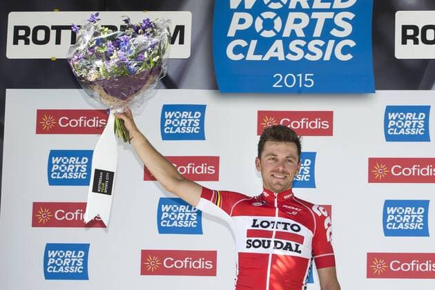 - ROTTERDAM, NETHERLANDS: Belgian Kris Boeckmans of Lotto - Soudal celebrates on the podium after winning the second and last stage of the fourth edition of the World Ports Cycling Classic, 164 km from Antwerpen to Rotterdam, Sunday 24 May 2015 in Rotterdam. KRISTOFxVANxACCOM  x04630180x