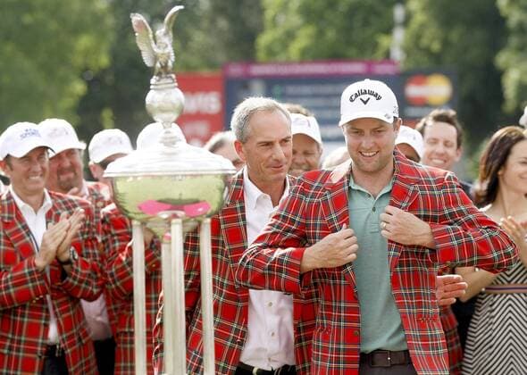 May 24, 2015 - Fort Worth, TX, USA - Chris Kirk is presented with a plaid jacket after his win at the Crowne Plaza Invitational at Colonial in Fort Worth, Texas, on Sunday, May 23, 2015. Crowne Plaza Invitational at Colonial - ZUMAm67_