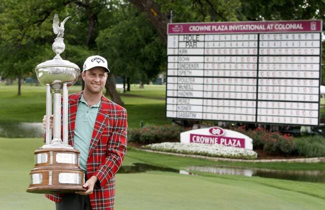 May 24, 2015 - Fort Worth, TX, USA - Chris Kirk poses with the Leonard Trophy after his win at the Crowne Plaza Invitational at Colonial in Fort Worth, Texas, on Sunday, May 23, 2015. Crowne Plaza Invitational at Colonial - ZUMAm67_