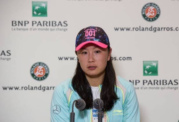 PARIS, FRANCE - MAY 24: (CHINA OUT) Peng Shuai of China receives an interview after her Women s Singles match against Polona Hercog of Slovenia on day one of the 2015 French Open at Roland Garros on May 24, 2015 in Paris, France.  CFP468028372 