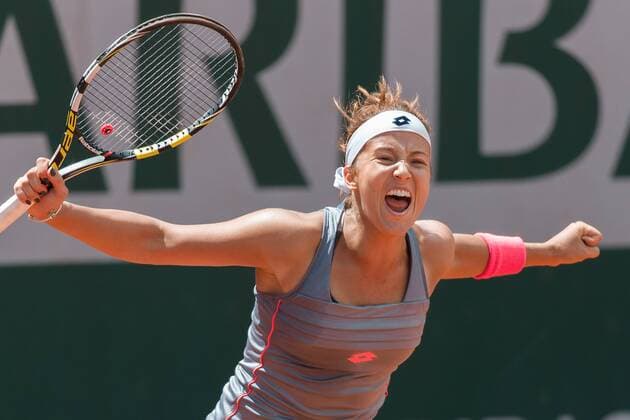 May 25, 2015 - Paris, France - PAULA KANIA of Poland celebrates her 1st round women s singles win over M. Barthel during the 2015 French Open tennis tournament at Roland Garros. Kania won 5-7 6-2 6-4. Sydney Low Cal Media. Tennis 2015 - French Open - Day 2 - ZUMAc04_