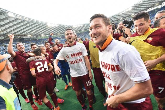 Miralem Pjanic, Francesco Totti, Manuel Iturbe Roma Celebration Roma 25-05-2015 Stadio Olimpico Football Calcio Serie A 2014 2015 Lazio - AS Roma. andreaxstaccioli