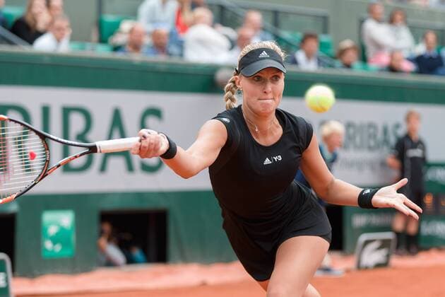 May 26, 2015: Kristina Mladenovic (FRA) in action in a 1st round match against Eugenie Bouchard (CAN) on day three of the 2015 French Open tennis tournament at Roland Garros in Paris, France. Mladenovic won 64 64. Sydney Low Cal Media. Tennis 2015: French Open MAY 26 - ZUMAc04_