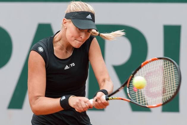 May 26, 2015: Kristina Mladenovic (FRA) in action in a 1st round match against Eugenie Bouchard (CAN) on day three of the 2015 French Open tennis tournament at Roland Garros in Paris, France. Mladenovic won 64 64. Sydney Low Cal Media. Tennis 2015: French Open MAY 26 - ZUMAc04_