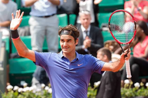 Roger Federer of Switzerland celebrates his win in a 2nd round match against Marcel Granollers of Spain on day three of the 2015 French Open tennis tournament at Roland Garros in Paris, France. Sydney Low Cal Media. Tennis 2015: French Open MAY 27 - ZUMAc04_