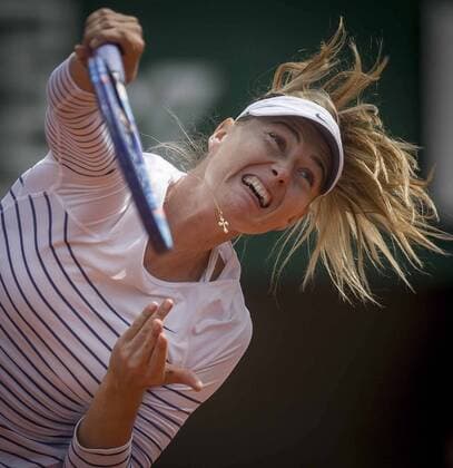 (150527) -- PARIS, May 27, 2015 -- Maria Sharapova of Russia serves during the women s singles second round match against her compatriot Vitalia Diatchenko at 2015 French Open tennis tournament at Roland Garros, in Paris, France on May 27, 2015. Sharapova won 2-0. ) (SP) FRANCE-PARIS-TENNIS-FRENCH OPEN-DAY 4 ChenxXiaowei 
