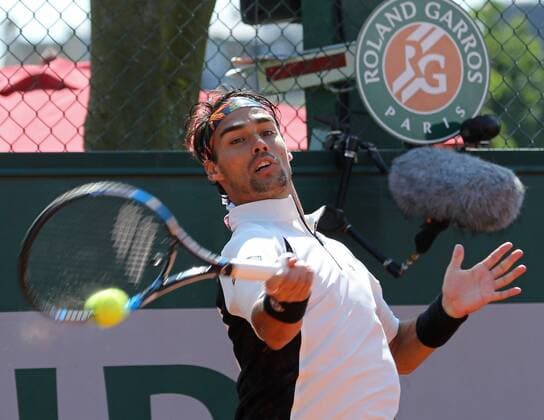 Fabio Fognini of Italy hits a shot during his French Open men s second round match against Benoit Paire of France at Roland Garros in Paris on May 27, 2015. Paire defeated Fognini 6-1, 6-3, 7-5 to advance to the next round.  PAR20150527747 DAVIDxSILPA