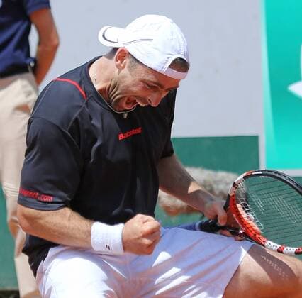Benjamin Becker of Germany reacts after winning his French Open men s second round match against Fernando Verdasco of Spain at Roland Garros in Paris on May 27, 2015. Becker defeated Verdasco 6-4, 0-6, 1-6, 7-5, 10-8 to advance to the next round.  PAR20150527755 DAVIDxSILPA