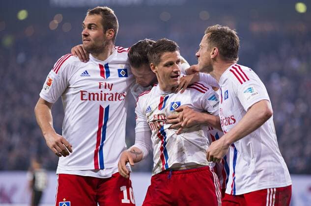 Hamburg, 28.05.2015, Imtech - ARENA Torjubel: Pierre-Michel Lasogga (HSV), Dennis Diekmeier (HSV), Ivo Ilicevic und Ivica Olic (HSV) Hamburger SV - Karlsruhe SC