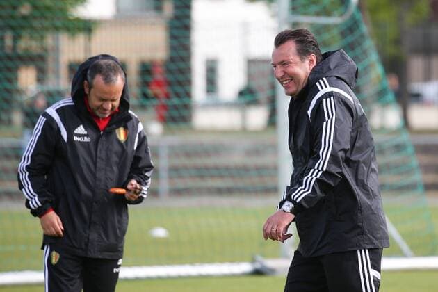 - KNOKKE-HEIST, BELGIUM: Belgium s physical trainer Mario Innaurato and Belgium s head coach Marc Wilmots pictured during a training session on the third day of the training camp of Belgian national soccer team The Red Devils in Knokke-Heist, Saturday 30 May 2015. The Devils are preparing for a friendly game against France and a Euro 2016 qualification game against Wales. BRUNOxFAHY  x04633365x