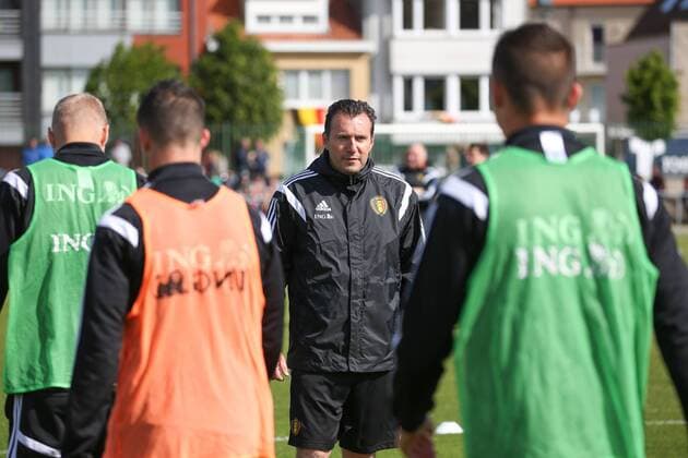 - KNOKKE-HEIST, BELGIUM: Belgium s head coach Marc Wilmots (C) pictured during a training session on the third day of the training camp of Belgian national soccer team The Red Devils in Knokke-Heist, Saturday 30 May 2015. The Devils are preparing for a friendly game against France and a Euro 2016 qualification game against Wales. BRUNOxFAHY  x04633367x