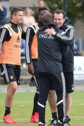 - KNOKKE-HEIST, BELGIUM: Belgium s assistant coach Vital Borkelmans and Belgium s head coach Marc Wilmots pictured during a training session on the third day of the training camp of Belgian national soccer team The Red Devils in Knokke-Heist, Saturday 30 May 2015. The Devils are preparing for a friendly game against France and a Euro 2016 qualification game against Wales. BRUNOxFAHY  x04633392x
