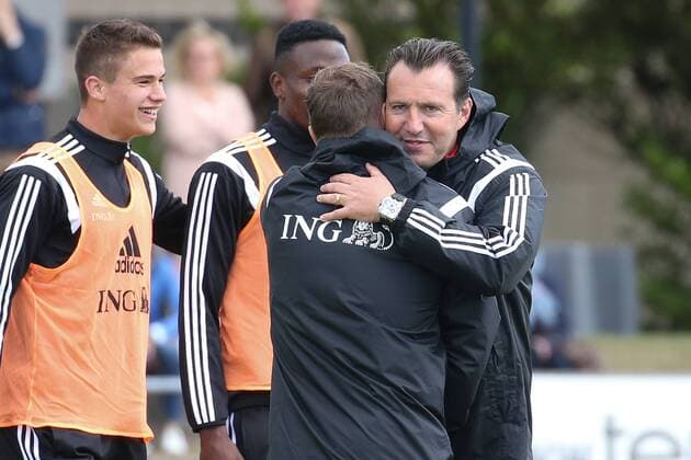 - KNOKKE-HEIST, BELGIUM: Belgium s assistant coach Vital Borkelmans and Belgium s head coach Marc Wilmots pictured during a training session on the third day of the training camp of Belgian national soccer team The Red Devils in Knokke-Heist, Saturday 30 May 2015. The Devils are preparing for a friendly game against France and a Euro 2016 qualification game against Wales. BRUNOxFAHY  x04633406x