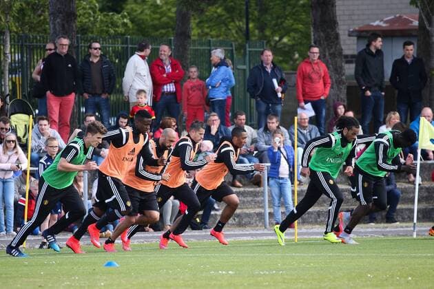 - KNOKKE-HEIST, BELGIUM: Belgium s players pictured during a training session on the third day of the training camp of Belgian national soccer team The Red Devils in Knokke-Heist, Saturday 30 May 2015. The Devils are preparing for a friendly game against France and a Euro 2016 qualification game against Wales. BRUNOxFAHY  x04633414x