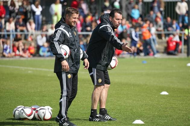 - KNOKKE-HEIST, BELGIUM: Belgium s assistant coach Vital Borkelmans and Belgium s head coach Marc Wilmots pictured during a training session on the third day of the training camp of Belgian national soccer team The Red Devils in Knokke-Heist, Saturday 30 May 2015. The Devils are preparing for a friendly game against France and a Euro 2016 qualification game against Wales. BRUNOxFAHY  x04633426x
