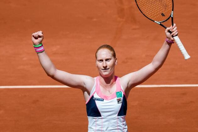 May 30, 2015: Alison VAN UYTVANCK of Belgium celebrates her win in a 3rd round match against Kristina MLADENOVIC of France on day seven of the 2015 French Open tennis tournament at Roland Garros in Paris, France. VAN UYTVANCK won 64 61. Sydney Low Cal Media. Tennis 2015: French Open MAY 30 - ZUMAc04_