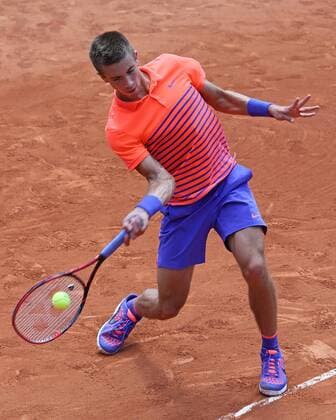 Borna Coric of Croatia hits a shot during his French Open men s third round match against American Jack Sock at Roland Garros in Paris on May 30, 2015. Sock defeated Coric 6-2, 6-1, 6-4 to advance to the next round.  PAR20150530733 DAVIDxSILPA