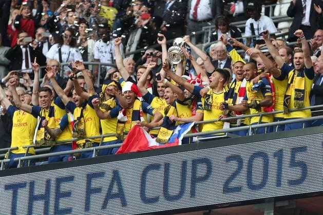 Arsenal lift the FA Cup - Arsenal vs. Aston Villa - FA Cup Final - Wembley Stadium - London - 30 05 2015 Pic Philip Oldham Sportimage EDITORIAL USE ONLY. No use with unauthorised audio, video, data, fixture lists, club league logos or live services. Online in-match use limited to 120 images, no video emulation. No use in betting, games or single club league player publications.