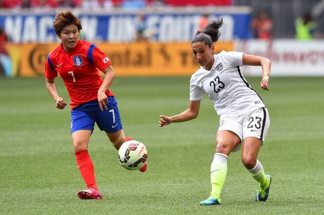 May 30, 2015: United States forward Christen Press 23 passes the ball against the defense of Korea Republic forward Ji Soyun 7 during a International Friendly Länderspiel match between the Korea Republic and the United States at Red Bull Arena in Harrison, New Jersey. The Korea Republic and United States played to a 0-0 tie. Rich Barnes CSM SOCCER 2015: Korea Republic vs United States MAY 30 - ZUMAc04_