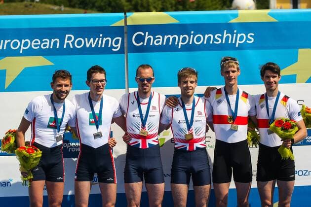 Aktuell Rudern, EM in Posen, Siegerehrung EUROPEAN ROWING CHAMPIONSHIPS POZNAN 2015 Jonas Kilthau, Sven Kessler (GER), Augustin Mouterde, Theophile Onfroy (FRA), Joel Cassels, Peter Chambers (GBR) LM2- Final A ,  20150531_awj_1344