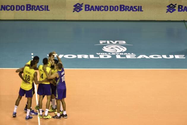 BRASIL X SERBIA Word League BELO HORIZONTE, MG - 05 31 2015: BRAZIL X SERBIA Volleyball WORLD LEAGUE - Brazil s playdus during BRAZIL X SERBIA Volleyball WORLD LEAGUE.  Mour?oxPanda