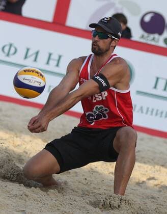 MOSCOW, RUSSIA. MAY 31, 2015. Spain s Pablo Herrera digging the ball during the 2015 FIVB Beach volleyball Beachvolleyball Grand Slam gold medal match against Brazil in Moscow. Artyom Korotayev TASS  TS004CE6