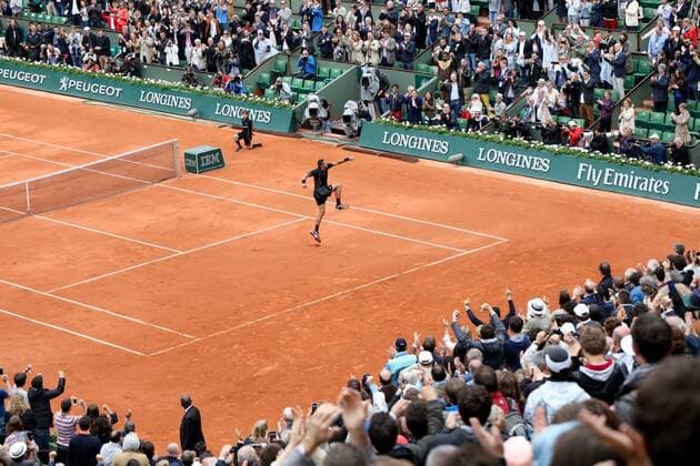 May 31, 2015: Jo-Wilfried Tsonga of France celebrates his win in a 4th round match against Tomas Berdych of Czech Republic on day eight of the 2015 French Open tennis tournament at Roland Garros in Paris, France. Tsonga won 63 62 67 63. Sydney Low Cal Media. Tennis 2015: French Open MAY 31 - ZUMAc04_