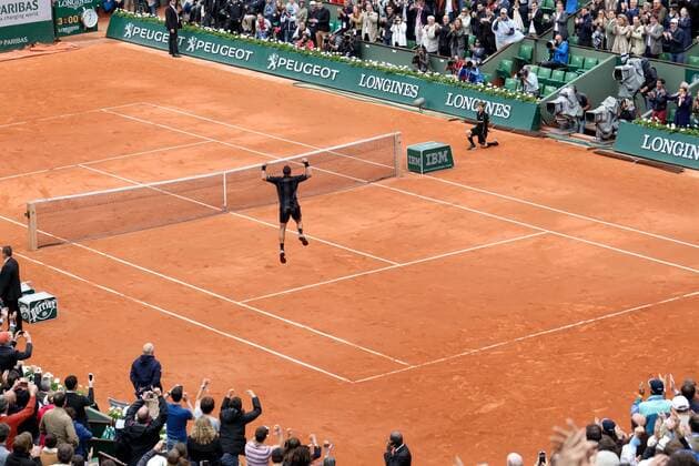 May 31, 2015: Jo-Wilfried Tsonga of France celebrates his win in a 4th round match against Tomas Berdych of Czech Republic on day eight of the 2015 French Open tennis tournament at Roland Garros in Paris, France. Tsonga won 63 62 67 63. Sydney Low Cal Media. Tennis 2015: French Open MAY 31 - ZUMAc04_