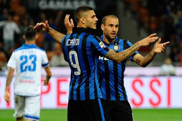 Esutanza gol di Rodrigo Palacio Inter 1-0 con Mauro Icardi. Celebration goal Milano 31-05-2015 Stadio Giuseppe Meazza - Football Calcio Serie A Inter Mailand vs. Empoli FC. giuseppexceleste