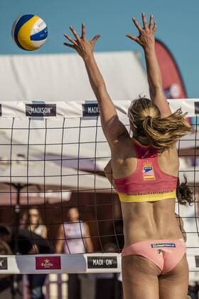 May 31, 2015 - Barcelona, Catalonia, Spain - Dutch JANTINE VAN DER VLIST blocks a ball in the female final at the 12th City of Barcelona International Beach volleyball Beachvolleyball Tournament - Dutch stars Sophie Van Gestel Jantine Van der Vlist beat Italy s Laura Gombini Giulia Toti 2:0 in the final competition Winners of the 12th City of Barcelona International Beach Volleyball Tournament announced - ZUMAo105
