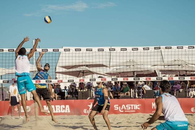 May 31, 2015 - Barcelona, Catalonia, Spain - Italy s ENRICO ROSSI blocks Matteo Martino during the male final at the 12th City of Barcelona International Beach volleyball Beachvolleyball Tournament - Italian duo Marco Caminati Enrico Rossi beat Italy s Matteo Cecchini Matteo Martino 2:0 in the final competition Winners of the 12th City of Barcelona International Beach Volleyball Tournament announced - ZUMAo105