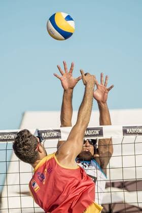 May 31, 2015 - Barcelona, Catalonia, Spain - Italy s ENRICO ROSSI blocks Matteo Martino during the male final at the 12th City of Barcelona International Beach volleyball Beachvolleyball Tournament - Italian duo Marco Caminati Enrico Rossi beat Italy s Matteo Cecchini Matteo Martino 2:0 in the final competition Winners of the 12th City of Barcelona International Beach Volleyball Tournament announced - ZUMAo105