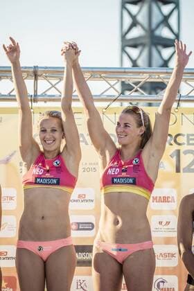 May 31, 2015 - Barcelona, Catalonia, Spain - Dutch s SOPHIE VAN GESTEL and JANTINE VAN DER VLIST celebrate their victory in the female final at the 12th City of Barcelona International Beach volleyball Beachvolleyball Tournament Winners of the 12th City of Barcelona International Beach Volleyball Tournament announced - ZUMAo105