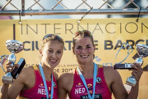 May 31, 2015 - Barcelona, Catalonia, Spain - Dutch s SOPHIE VAN GESTEL and JANTINE VAN DER VLIST pose with trophies after winning the female final at the 12th City of Barcelona International Beach volleyball Beachvolleyball Tournament Winners of the 12th City of Barcelona International Beach Volleyball Tournament announced - ZUMAo105