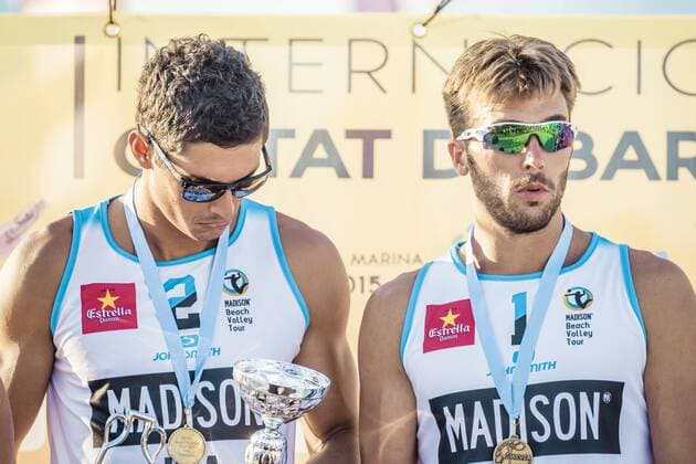 May 31, 2015 - Barcelona, Catalonia, Spain - Italy s ENRICO ROSSI and MARCO CAMINATI pose with their medals after winning the male final at the 12th City of Barcelona International Beach volleyball Beachvolleyball Tournament Winners of the 12th City of Barcelona International Beach Volleyball Tournament announced - ZUMAo105