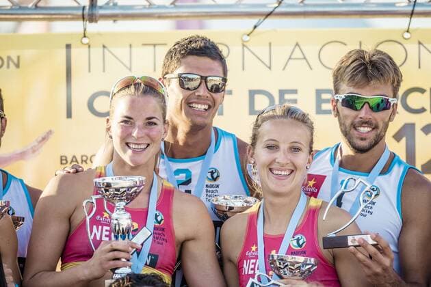 May 31, 2015 - Barcelona, Catalonia, Spain - Dutch s JANTINE VAN DER VLIST and SOPHIE VAN GESTEL with Italy s ENRICO ROSSI and MARCO CAMINATI pose with their trophies after winning their finals at the 12th City of Barcelona International Beach volleyball Beachvolleyball Tournament Winners of the 12th City of Barcelona International Beach Volleyball Tournament announced - ZUMAo105