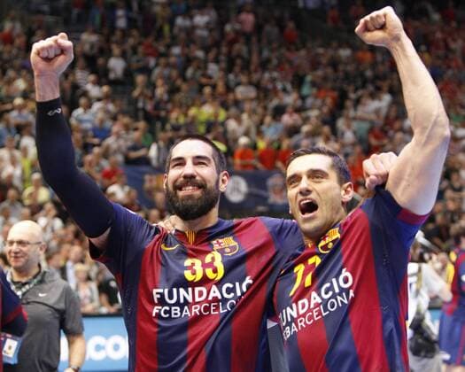 Final 4 FC Barcelona Barca - MKB-MVM Veszprem Handball Championsleague 2014 2015 Lanxess Arena Koeln Deutschland Datum: 31.05.2015 Links: Nikola Karabatic (FC Barcelona) Rechts: Kiril Lazarov (Fc Barcelona)