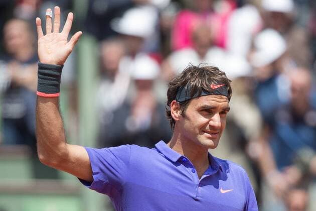 June 1, 2015: Roger Federer of Switzerland celebrates winning a 4th round match against Gael Monfils of France on day nine of the 2015 French Open tennis tournament at Roland Garros in Paris, France. Federer won 63 46 64 61. Sydney Low Cal Media. Tennis 2015: French Open JUNE 1 - ZUMAc04_
