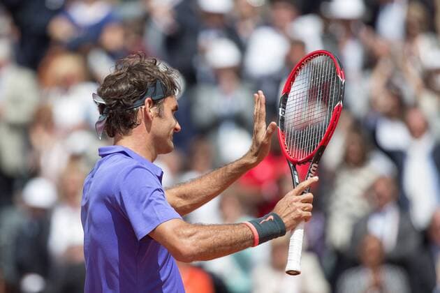 June 1, 2015: Roger Federer of Switzerland celebrates winning a 4th round match against Gael Monfils of France on day nine of the 2015 French Open tennis tournament at Roland Garros in Paris, France. Federer won 63 46 64 61. Sydney Low Cal Media. Tennis 2015: French Open JUNE 1 - ZUMAc04_